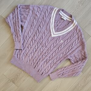 TNA Clay Cable Knit Academia School Girl V-Neck Sweater, XS *Fits Large + Wear